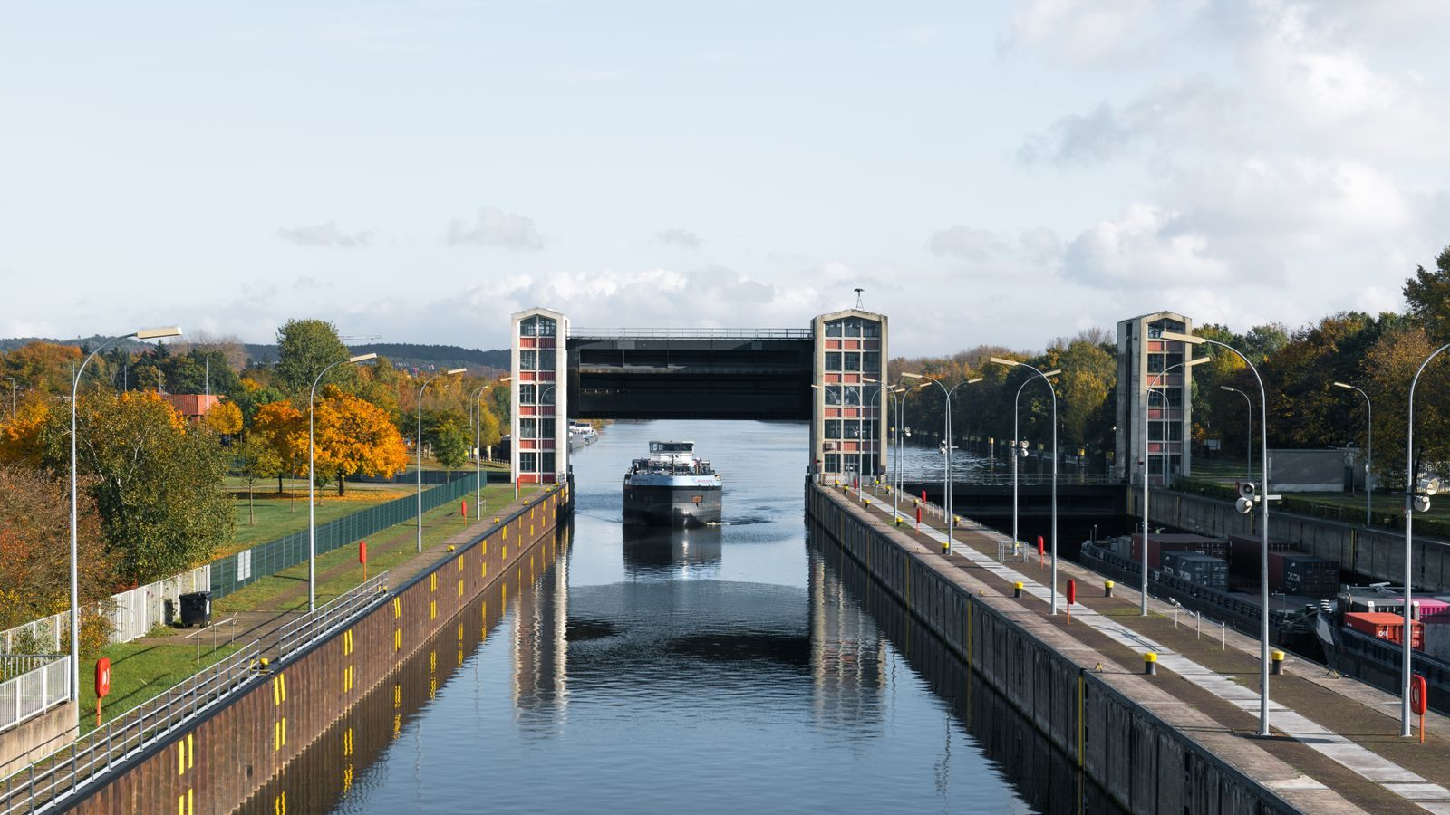 Vessel waiting in a lock on the Elbe at Geesthacht, Germany &mdash; locks set the size of every ship in a river cruise comparison chart